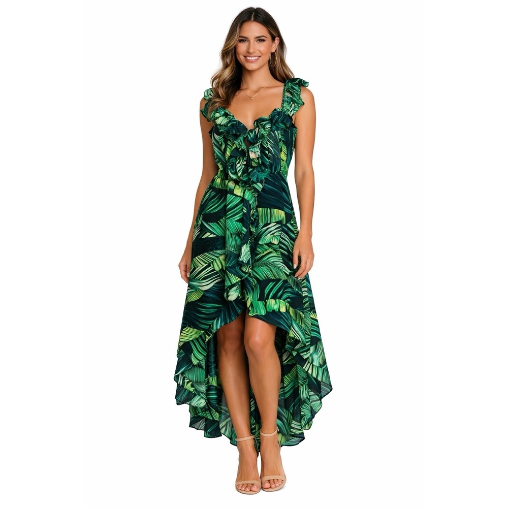 Tropical Palm Leaf Ruffle High Low Dress L Womens‎ Green Resort Beach Vacation
